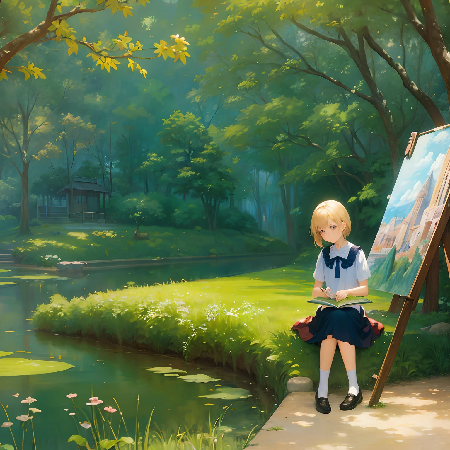 a secret hidden away place, where a young girl sits and paints her dreams in a keepsake notebook, anime art style, impressionist art style, 8k resolution , studio Ghibli, in the style of Louse Carrol, Katsuhiro Otomo