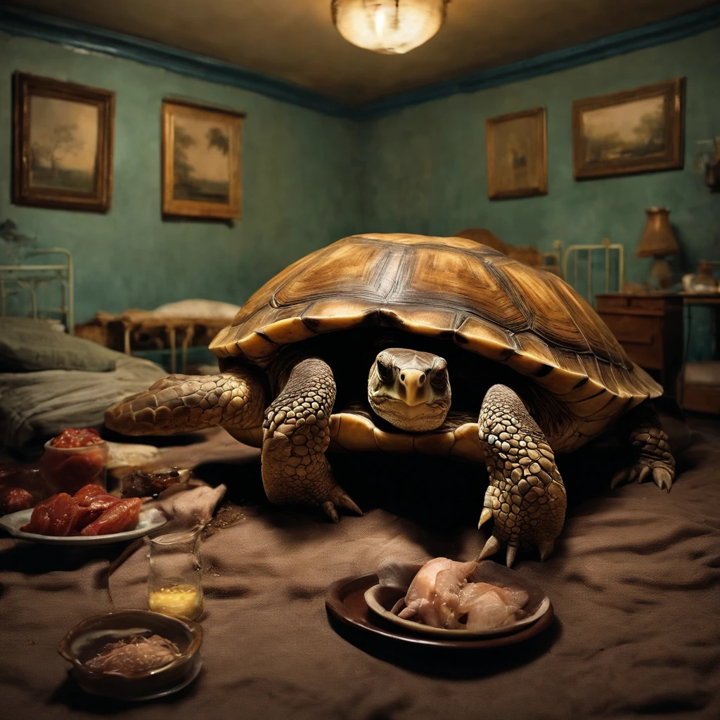 A rotting turtle crawls in a woman's bedroom at night with dirty curtains closed due to large amounts of rotting internal organs, seafood, manure and vomit scattered in contaminated and cloudy sewage、A fat Japan man spits out a large amount of food from his wide open mouth with a look of distress on his face while his face is distorted by the stench.