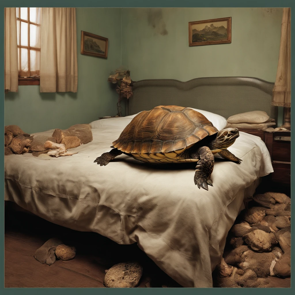A rotting turtle crawls in a woman's bedroom at night with dirty curtains closed due to large amounts of rotting internal organs, seafood, manure and vomit scattered in contaminated and cloudy sewage、A fat Japan man spits out a large amount of food from his wide open mouth with a look of distress on his face while his face is distorted by the stench.