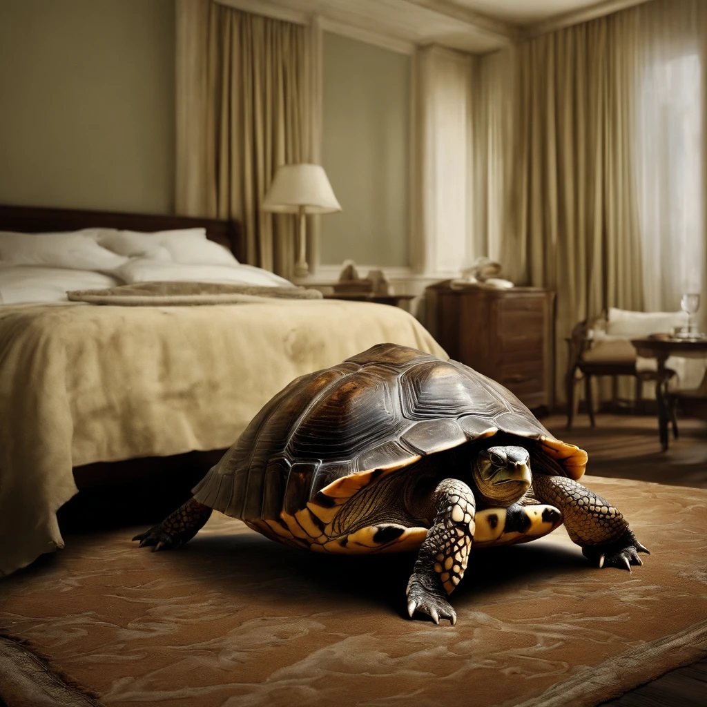 A rotting turtle crawls in a woman's bedroom at night with dirty curtains closed due to large amounts of rotting internal organs, seafood, manure and vomit scattered in contaminated and cloudy sewage、A fat Japan man spits out a large amount of food from his wide open mouth with a look of distress on his face while his face is distorted by the stench.