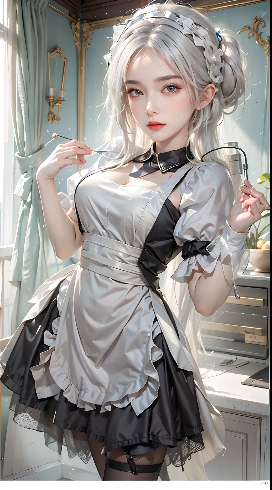photorealistic, high resolution, 1women, solo, hips up, look at viewer, (detailed face), white hair, long hair, maid costume