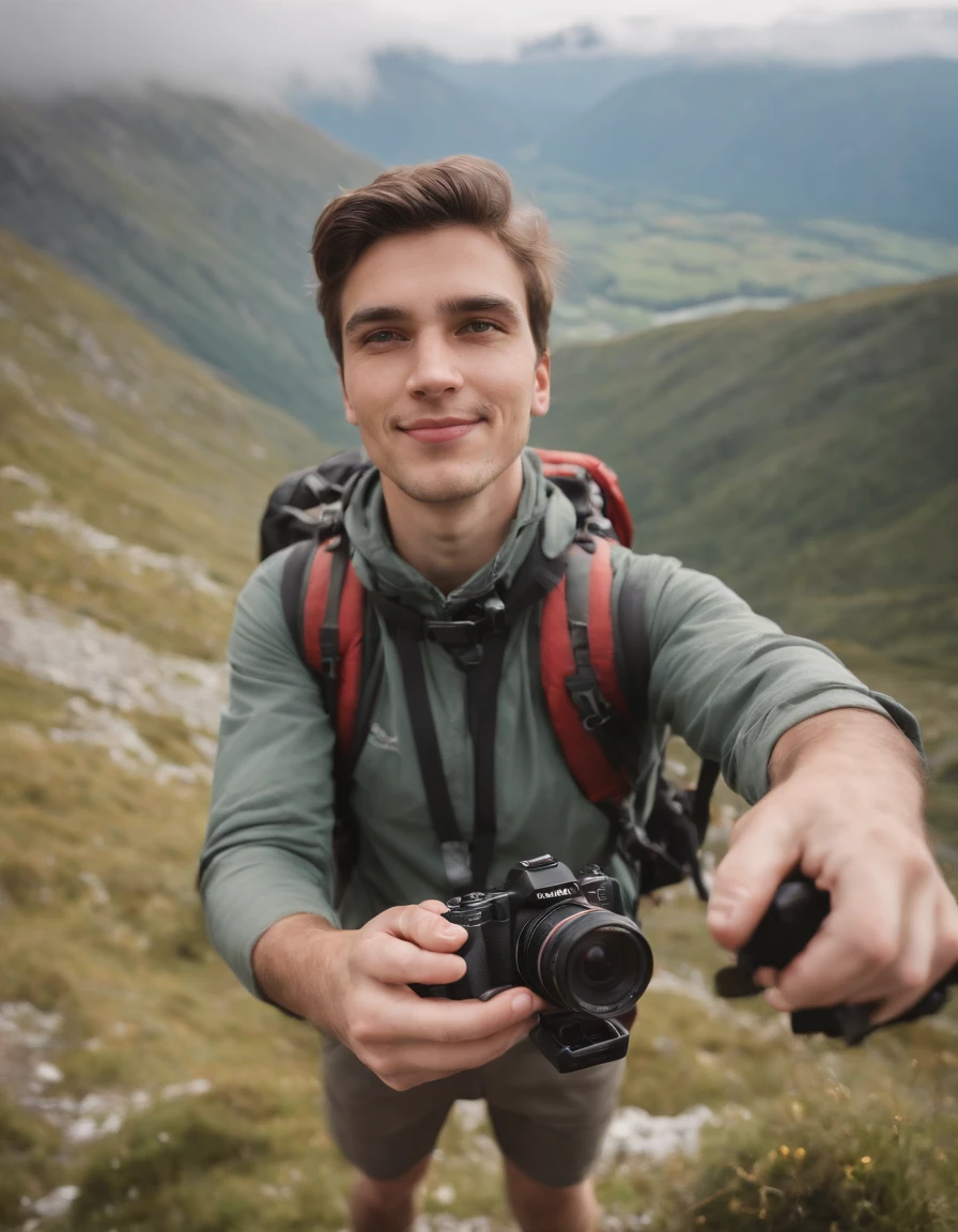 young man taking a selfie with a gopro while hiking by kostas , in the style of scottish landscapes, holga 120n, aerial photography, quirky characters, mountainous vistas, large canvas format.