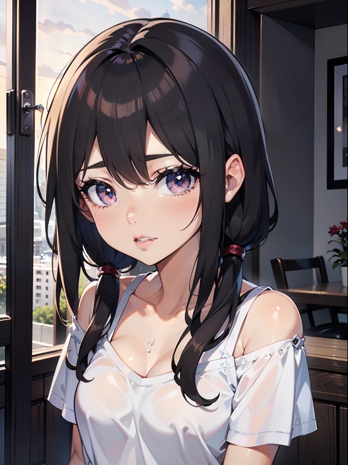 in 8K、top-quality、masterpiece、ultra-detailliert、Ultra-high resolution、1 girl in、Medium chest、with round face、dark brown hair、Hair luster、Tear bag、二重まぶた、long eyelashes、drooing eyes、makeup、Pink lips、poneyTail、red blush、White T-shirt、Inside the city、evening shower、shelter、whole body soaked
