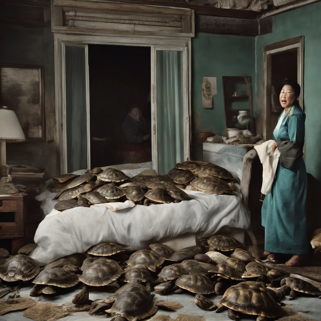 Rotting turtles and crabs crawl in a woman's bedroom at night after closing dirty curtains with large amounts of rotting internal organs, seafood, manure and vomit scattered in heavily polluted and murky sewage、Fat Japan man and woman spitting out a large amount of food from their wide open mouth with a look of distress while their faces distorted by the stench