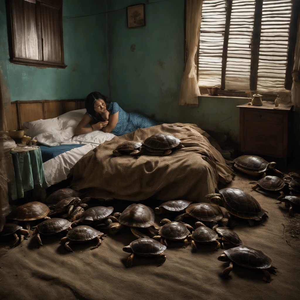Rotting turtles and crabs crawl in a woman's bedroom at night after closing dirty curtains with large amounts of rotting internal organs, seafood, manure and vomit scattered in heavily polluted and murky sewage、Fat Japan man and woman spitting out a large amount of food from their wide open mouth with a look of distress while their faces distorted by the stench