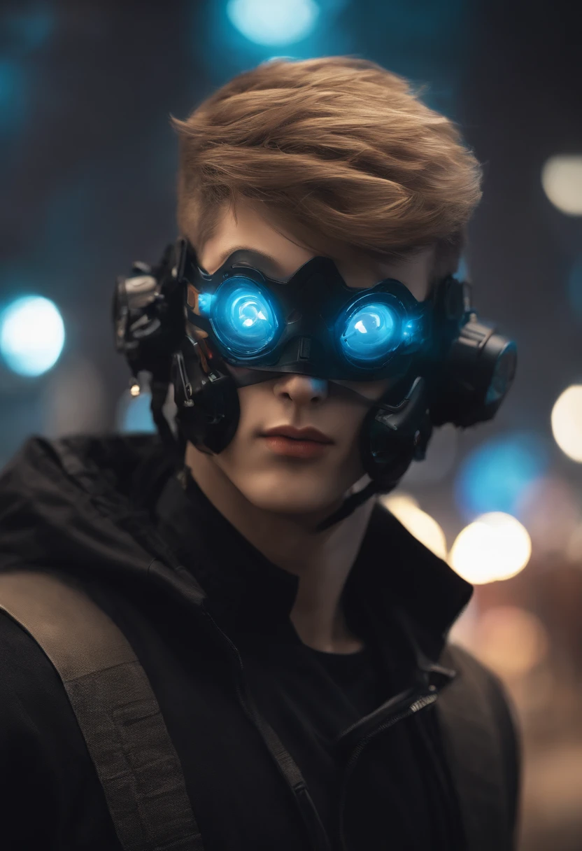 1   boy, Put on a cyberpunk mask, Black mask, Detail mask, Face portrait, Close-up of Tirod | | | |, war room, Cyberpunk military structure, Show part of the face, style of anime