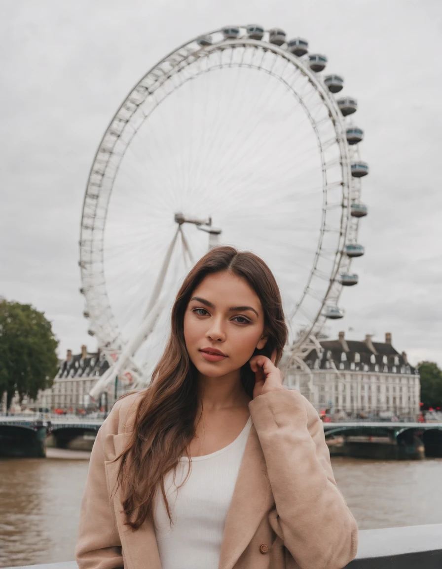 journey, in the style of rap aesthetics, girl，London, England， make for a memorable photo.  The background is  London Eye, a giant Ferris wheel.  photo taken with fujifilm superia, charly amani, oversized portraits, babycore, upper body