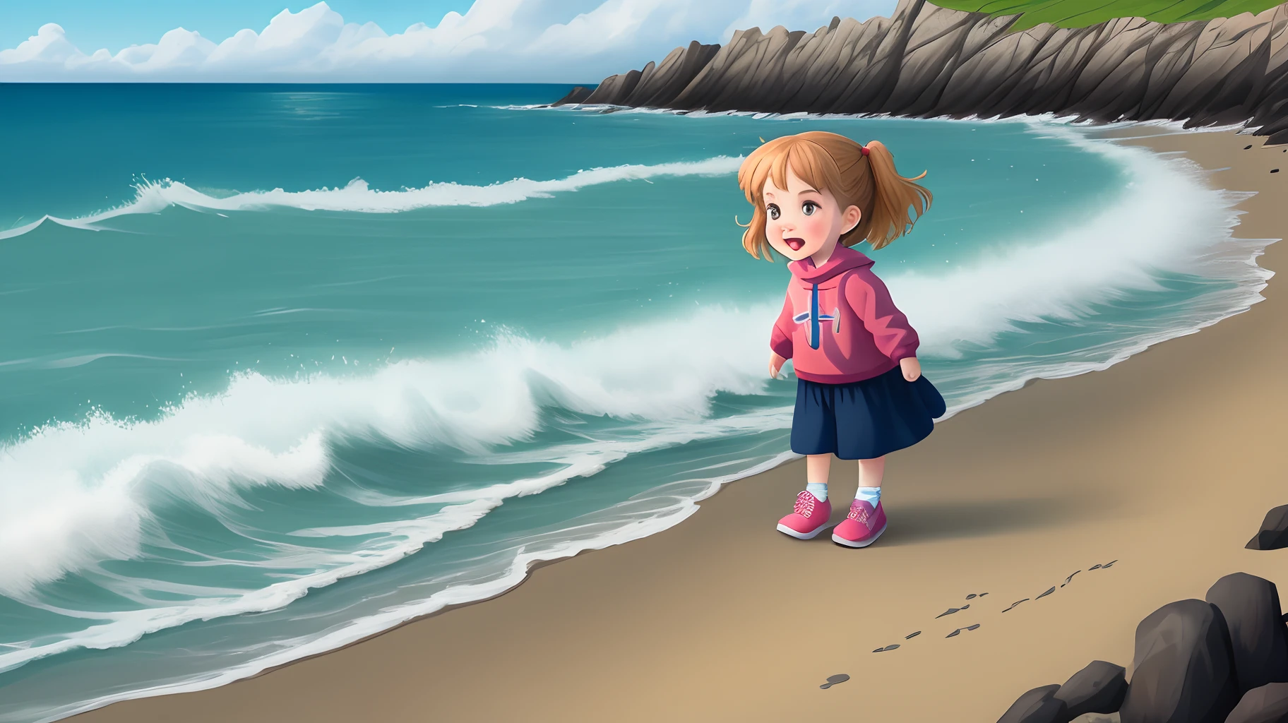 A girl,Play by the sea,Cartoon style
