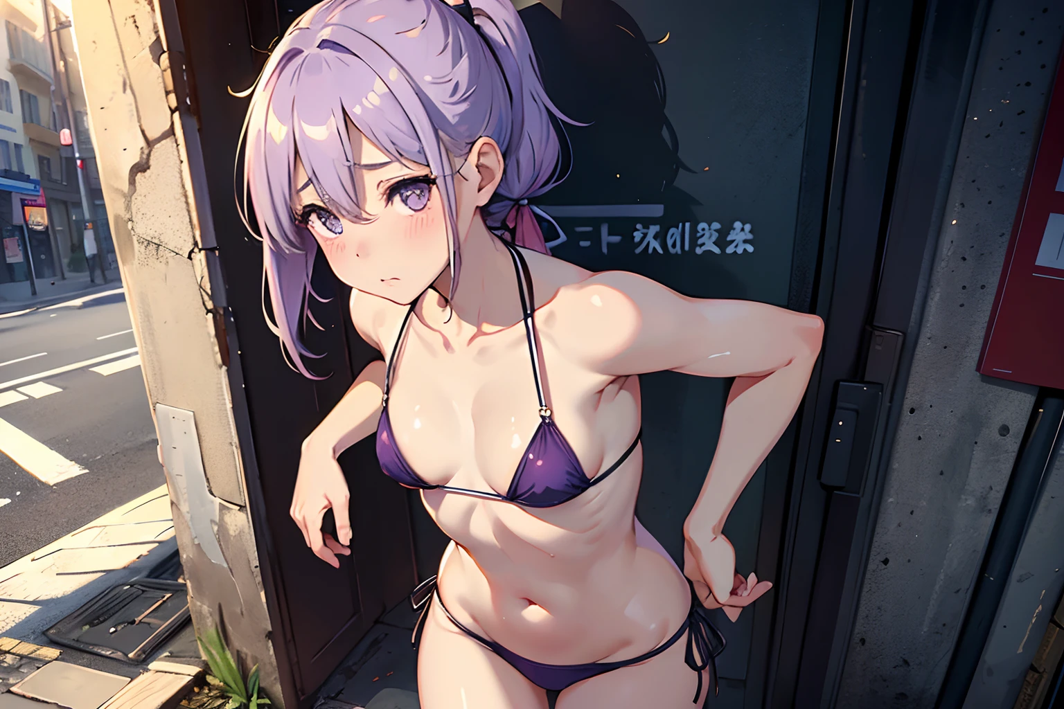 (short ponytail, shy and blush face, Best Quality), ((Masterpiece)), (High Definition:1.3), Beautiful,(Masterpiece), Realistic, Beautiful photo, wide-shot, Dirty street corner、1girl, Slender small breasts、light purple hair、Cute Beautiful Girl、Small Bikini、No clothes