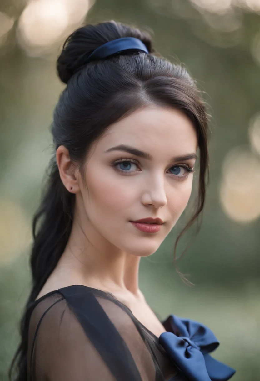 fair complexion, woman in her mid 20s, long dark blue hair, hair pulled into low twist ponytail, hair tied with black satin bow, blue eyes, modern setting, dark academia clothing