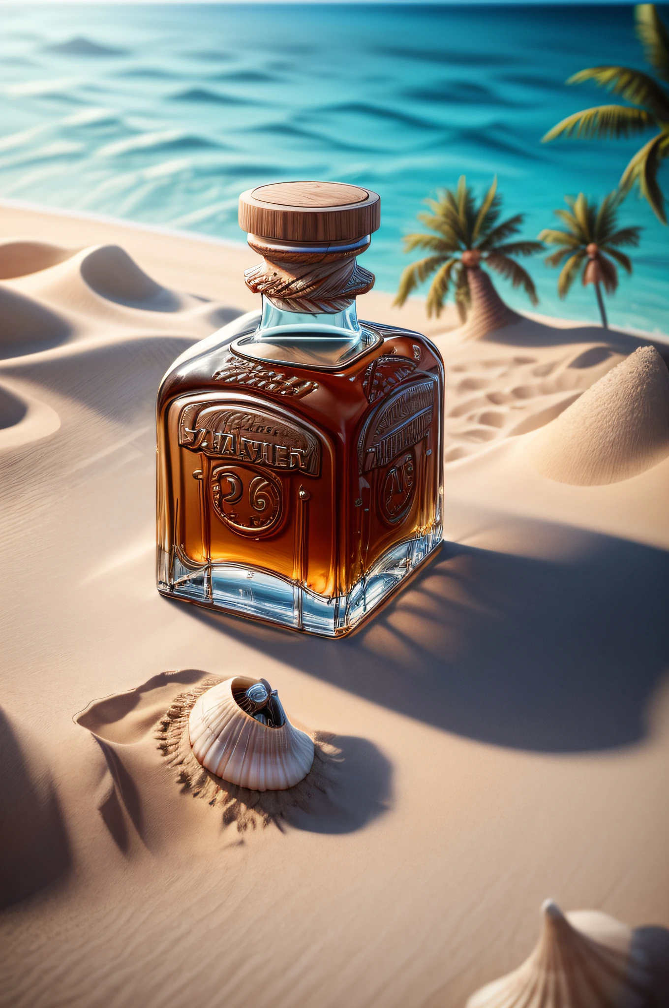 a photorealistic wide angle shotpicture of an empty bottle of an expensive Whiskey buried  (best details, Masterpiece, best quality :1.5) in the sands of an island, a lone palm tree, skeleton hand near the bottle  (best details, Masterpiece, best quality :1.5), sandy beach, sea shells spread  wavy sea background, best realistic, best details, best quality, 16k, [ultra detailed], masterpiece, best quality, (extremely detailed), ultra wide shot, photorealism, depth of field, hyper realistic painting, 3d rendering