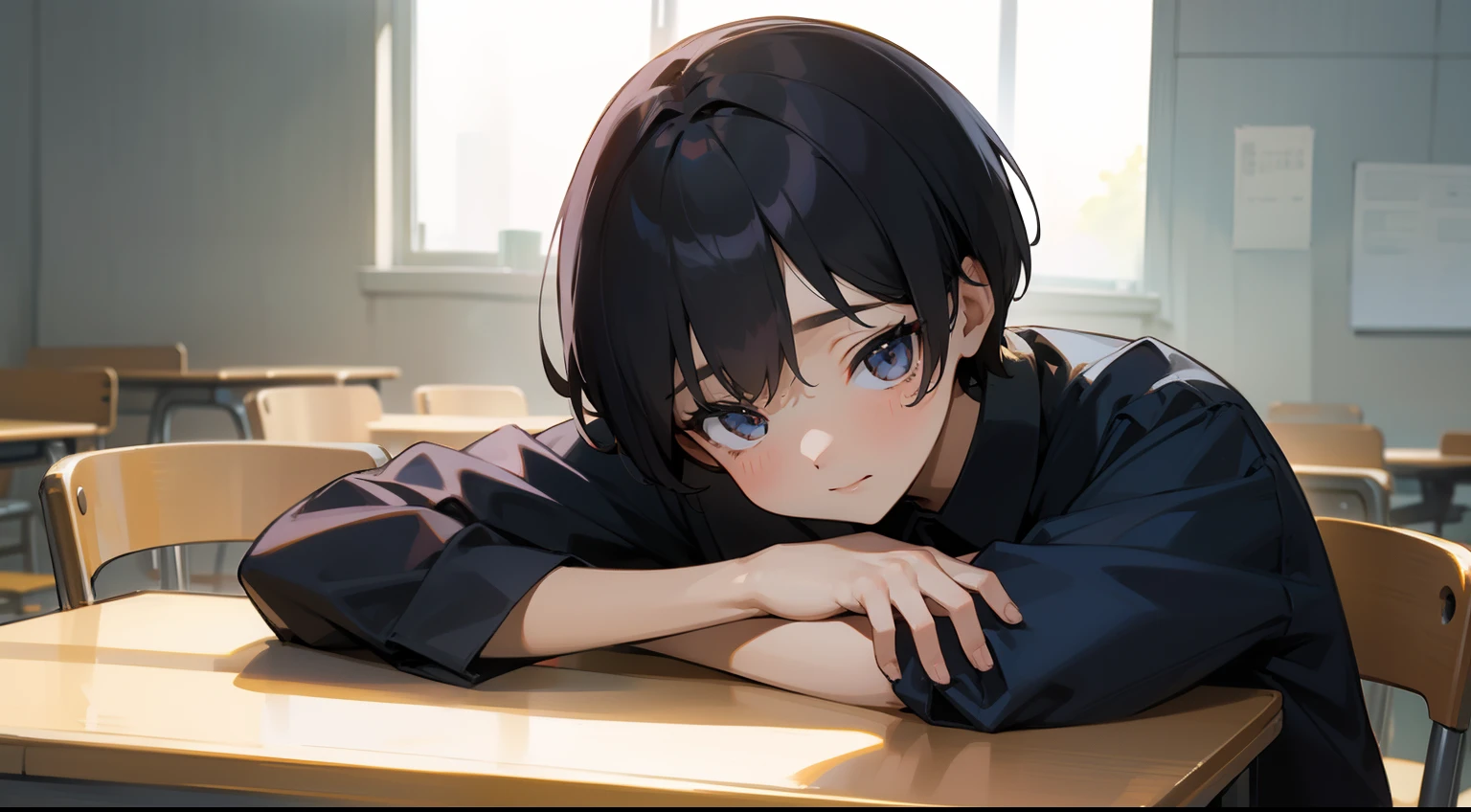 Face down on desk、Stick your hands out towards you、short-cut、blouse、trouser