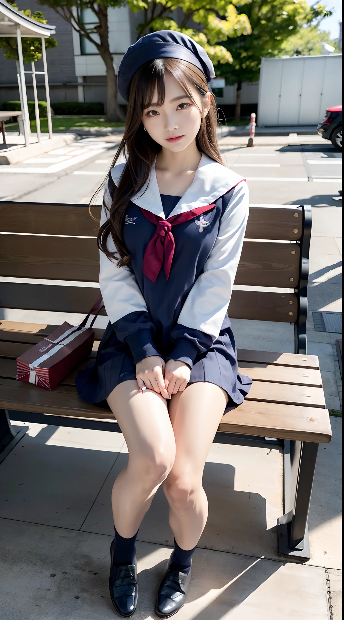 mix4, (16 K, Raw photography, Top image quality, masterpiece: 1.45), (realisitic, Photorealsitic: 1.37), one girls, 7.5, etc、Standing figure,cute little, A city scape,, profetional lighting, photon maping, Cityscape with street trees, physically-based renderingt, Gradient dark brown hair,, a handsome, Well-groomed and beautiful eyes、Large double eyelids、Very shiny、girl with, (((student clothes、Long sleeve sailor suit worn by Japan girl、red cuffs、Dark blue mini skirt, Small gray beret、Dark blue knee-high socks、Black loafers))), Top Quality Photos, hight resolution, 1080p, (clearface), (Detailed face description), (Detailed hand description), (masterpiece), (Exquisite CG)、extreme light and shadows、dishevled hair、master work、abundant detail、(Fine facial features)、(top quality photo)、(masuter piece)、(A detailed eye)、Look in front of you、Fine clavicle、((Slender big))、(((Japan schooln long-sleeved sailor suit)))、((Sexy Idol System))、((Boulevard with street trees、Bus stop、timetable、Benches))、(Shooting from random perspectives)、(((Anyway cute)))、耳Nipple Ring、A big smile、Drawing the whole body from the knees、Do not draw nasolabial folds、(((shopping bags)))、(Big breasts that hang down big:0.7)、Big buttocks with tension、Two arms and two legs、(((from the front side:0.5)))、bare hand、