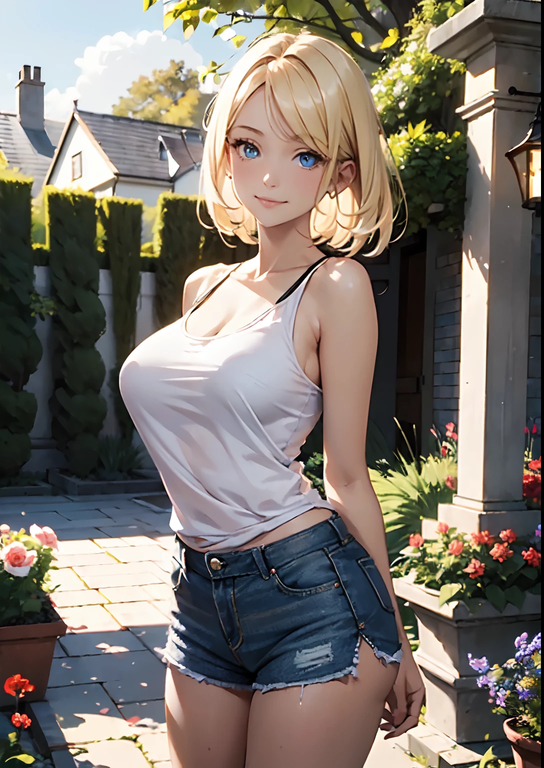 (((MASTERPIECE)))1 girl,standing in a beautiful garden,shiny weather,stunning realistic,vortex camera,von vorne,arms behind back,blonde schulterlange harre,glatte harre,blonde harre,blaue augen,cute smile,mid large breasts,Breasts pressed together,sehr enges tanktop,sehr kurze shorts,