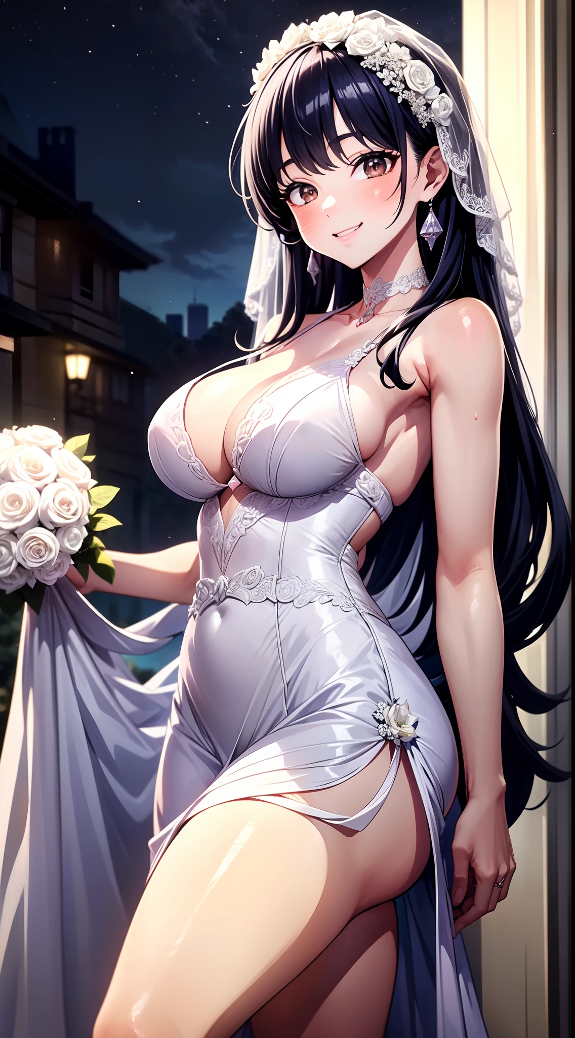 8k, highres, ultra detailed, (masterpiece:1.4), best quality, symmetrical body, (sexy while wedding dress:1.4), choker, fringetail, holding flowers, cute, solo, earrings, long hair, dark purple hair, Brown eyes, glow effect, finely eye, grinning, wide smile, detailed face, looking at viewer, smilling at viewer, in the park at night, angled view, medium size breasts, teasing