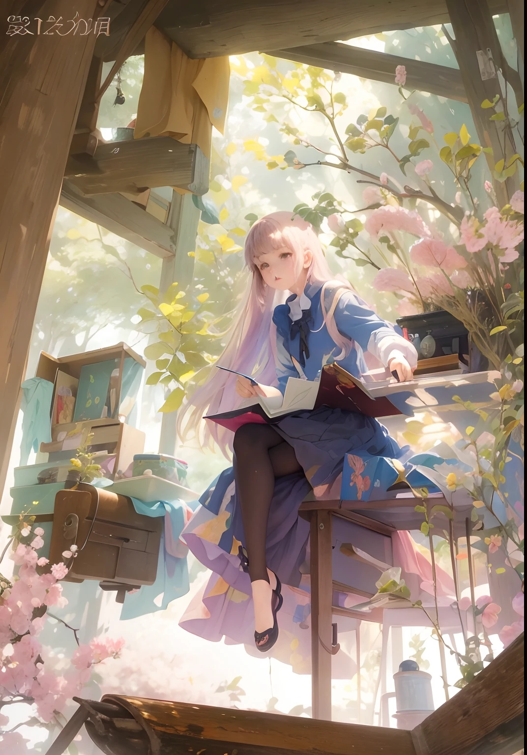 a secret hidden away place, where a young girl sits and paints her dreams in a keepsake notebook, anime art style, impressionist art style, 8k resolution , studio Ghibli, in the style of Louse Carrol, Katsuhiro Otomo