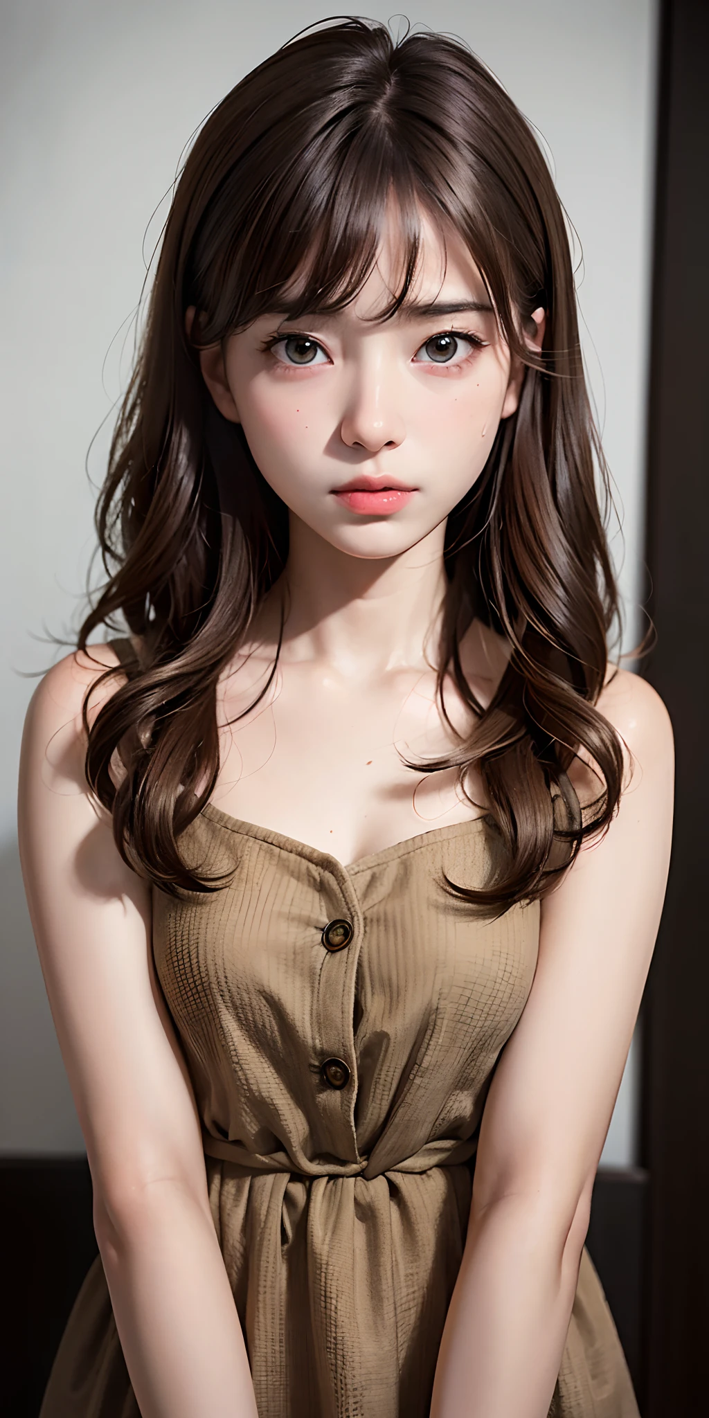 ((highest quality, 8k, masterpiece: 1.3)), realistic high-quality photos, top quality, girl cute-fine face, photo of beautiful Russian girl , slim little girl model, Russian model, beautiful girl model, young Russian girl, young cute face, Russian girl, 13 year old l, beautiful model girl, innocent expression of the girl next door, nice delicate face, Brown hair, beautiful brown eyes, tear bags, drooping eyes, young body