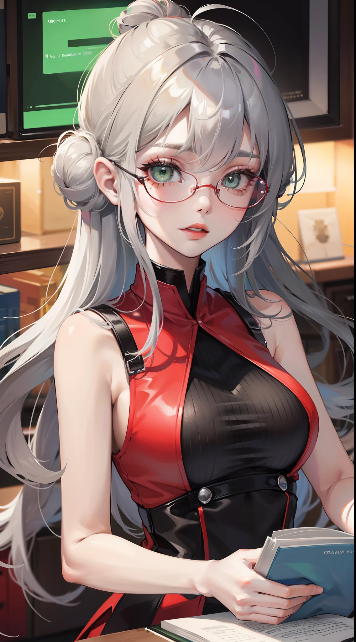 young girl, Gray hair in one bun, Green eyes, red glasses, Green Science Dress, White Elements, Sleeveless, open breasts, book, Masterpiece, hiquality, high detail, HD, 4k