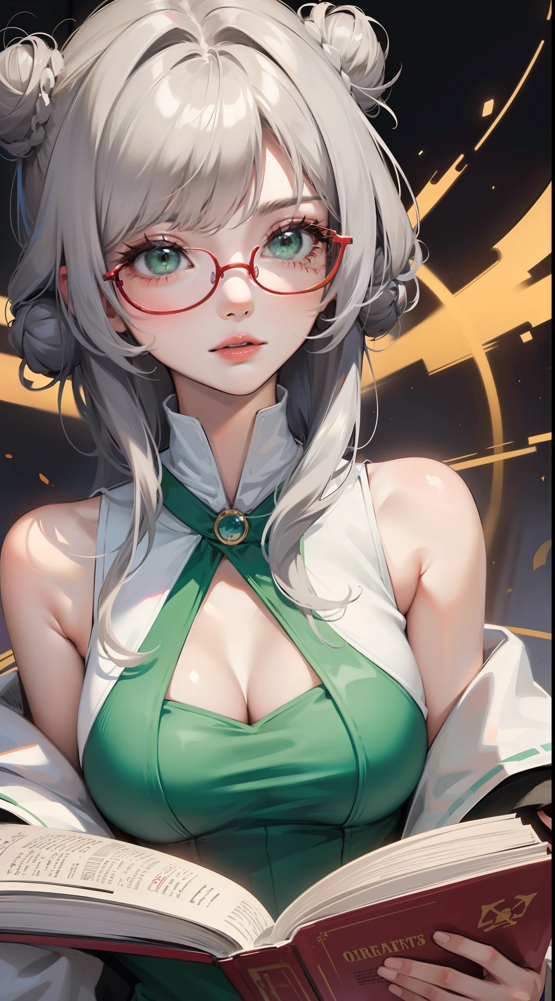 young girl, Gray hair in one bun, Green eyes, red glasses, Green Science Dress, White Elements, Sleeveless, open breasts, book, Masterpiece, hiquality, high detail, HD, 4k