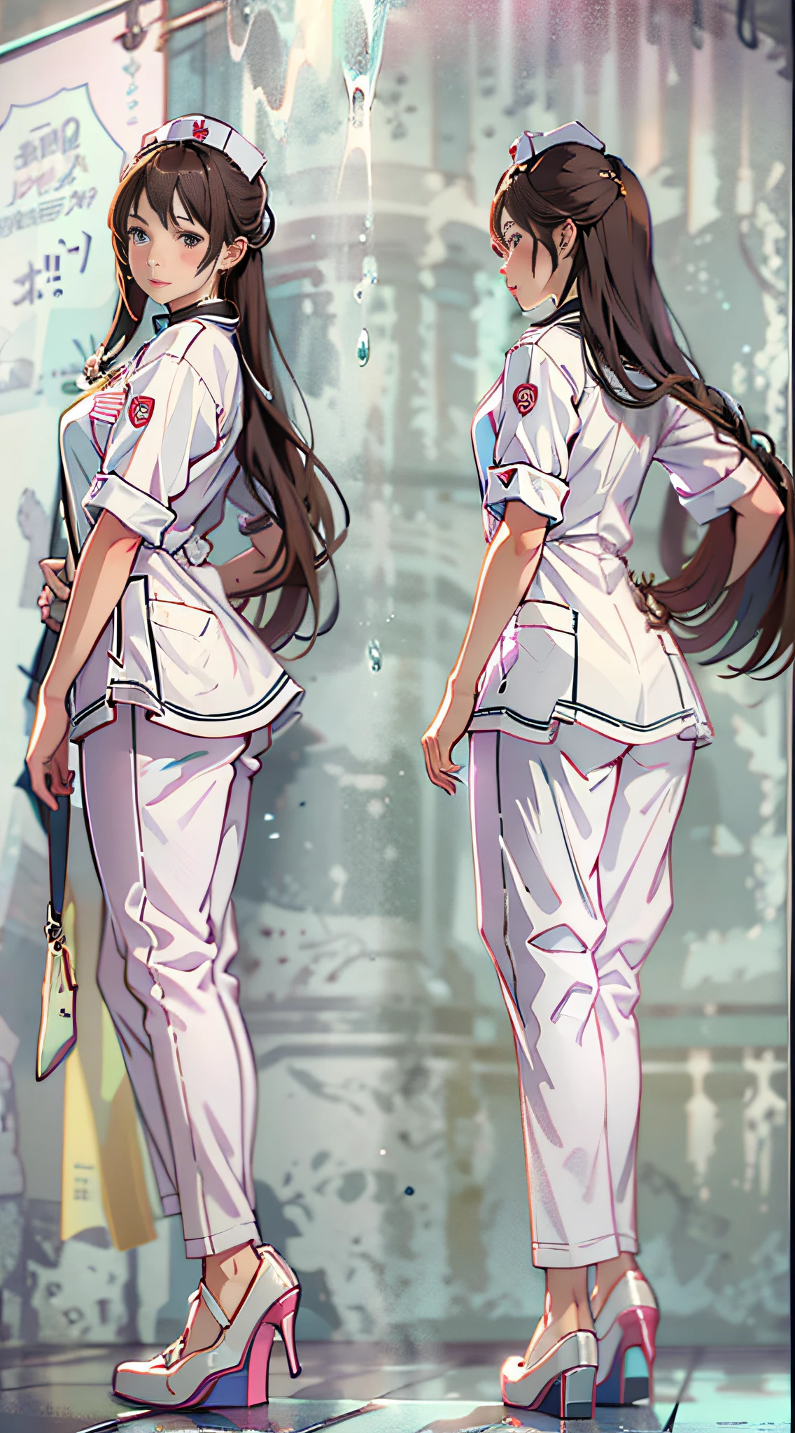 1 girl with pure desire,standing on your feet,Wear a nurse's uniform,Looks sweet,Feminized facial features,Straight hair,A calm posture,Porcelain-like skin,Subtle blush,a white wall,Characters shrink,fully body photo,Wear high heels(((tmasterpiece),(Very detailed CG unity 8K wallpaper),best qualtiy,,独奏,1girll,cinmatic lighting,detailed back ground,,ultra - detailed,tmasterpiece,)),ultra - detailed,offcial art,统一 8k 壁纸,2.5D thick coating,