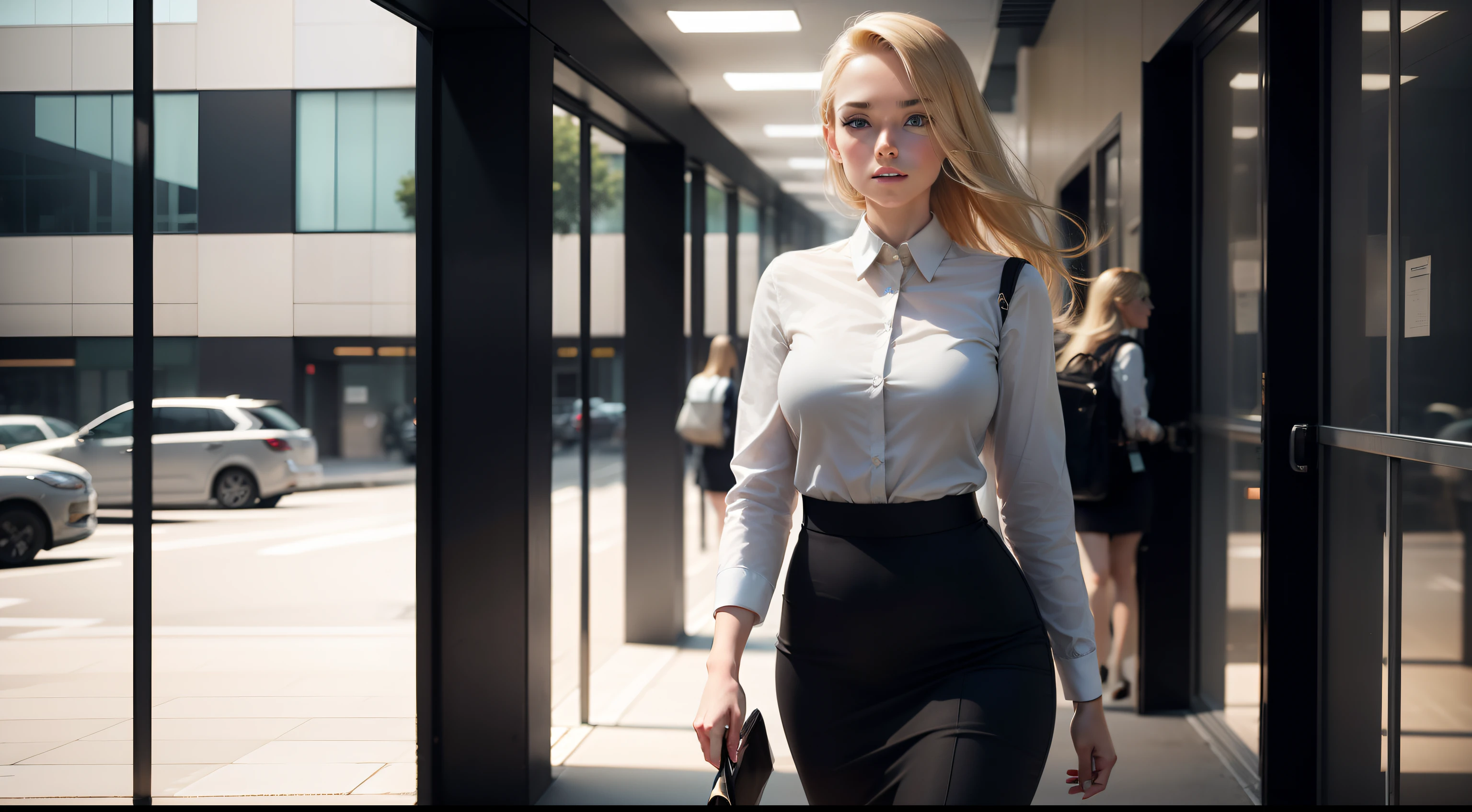 Abigail, a blonde hair young woman walking out from office, side view