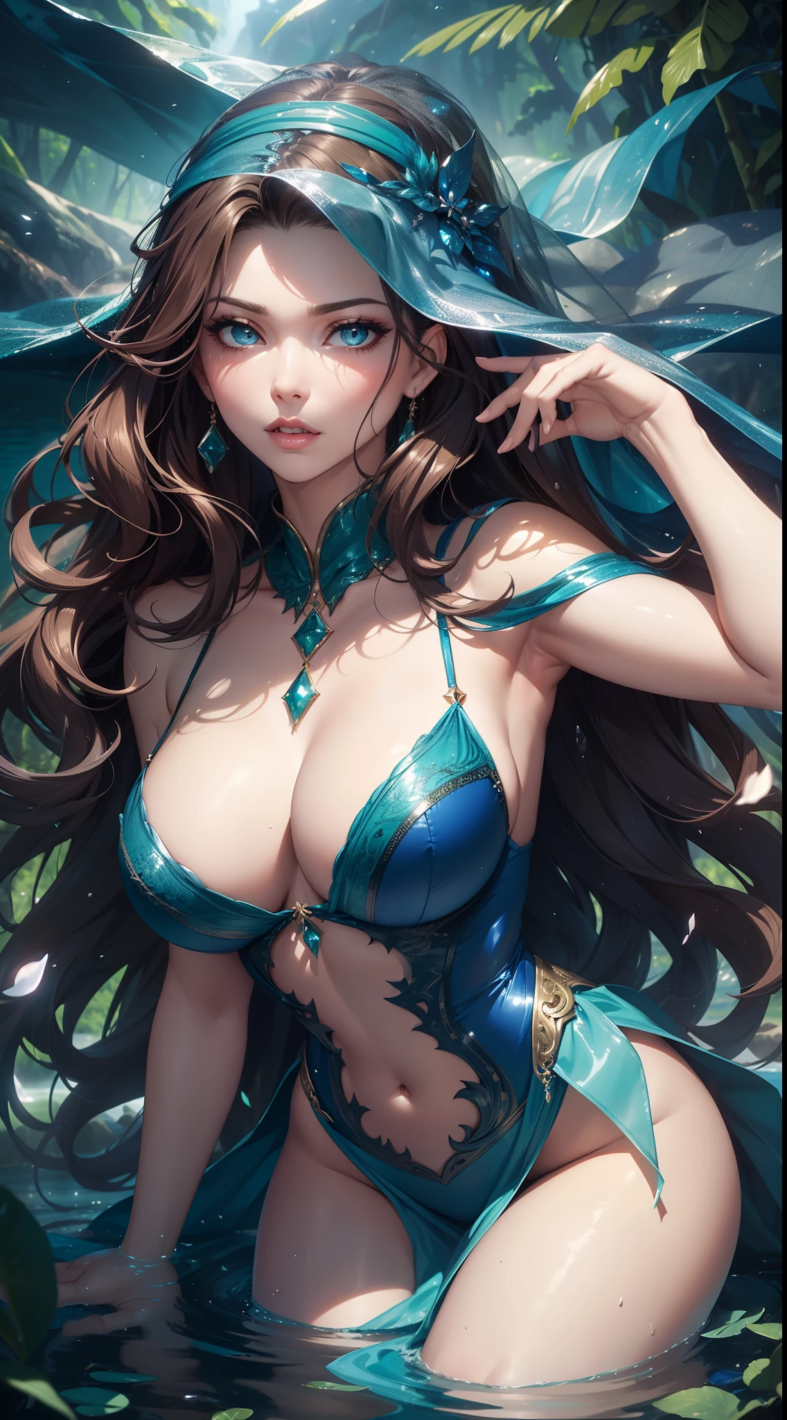 sexy lady of the lake,fantasy,beautiful detailed eyes,beautiful detailed lips,extremely detailed eyes and face,long eyelashes,flowing hair,wavy hair,green environment,lush landscape,misty atmosphere,breathtaking scenery,ethereal feel,enchanting aura,soft sunlight,shimmering water reflections,sheer elegance,magical setting,mythical creature,feminine charm,sultry gaze,mesmerizing beauty,dreamy,alluring,powerful presence,dramatic pose,deep cleavage,midnight blue dress,floating fabric,dynamic movement,reflection on water,breathtaking curves,subtle makeup,glowing skin,sparkling jewelry,romantic vibes,dark and mysterious,sublime atmosphere,glamorous,enchanted forest,lush vegetation,magic spells,floating petals,whimsical,artistic masterpiece:1.2,highres,ultra-detailed,photorealistic,vivid colors,hdr,studio lighting