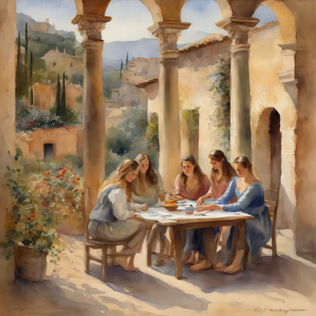 Six young teenage girls, Sit side by side from left to right in the room, Background: A long wooden table,Above it are European stone houses from the first half of the 20th century, High quality shadows, High quality of light, High quality clothing, Masterpiece picture quality, max detail, Masterpiece quality.