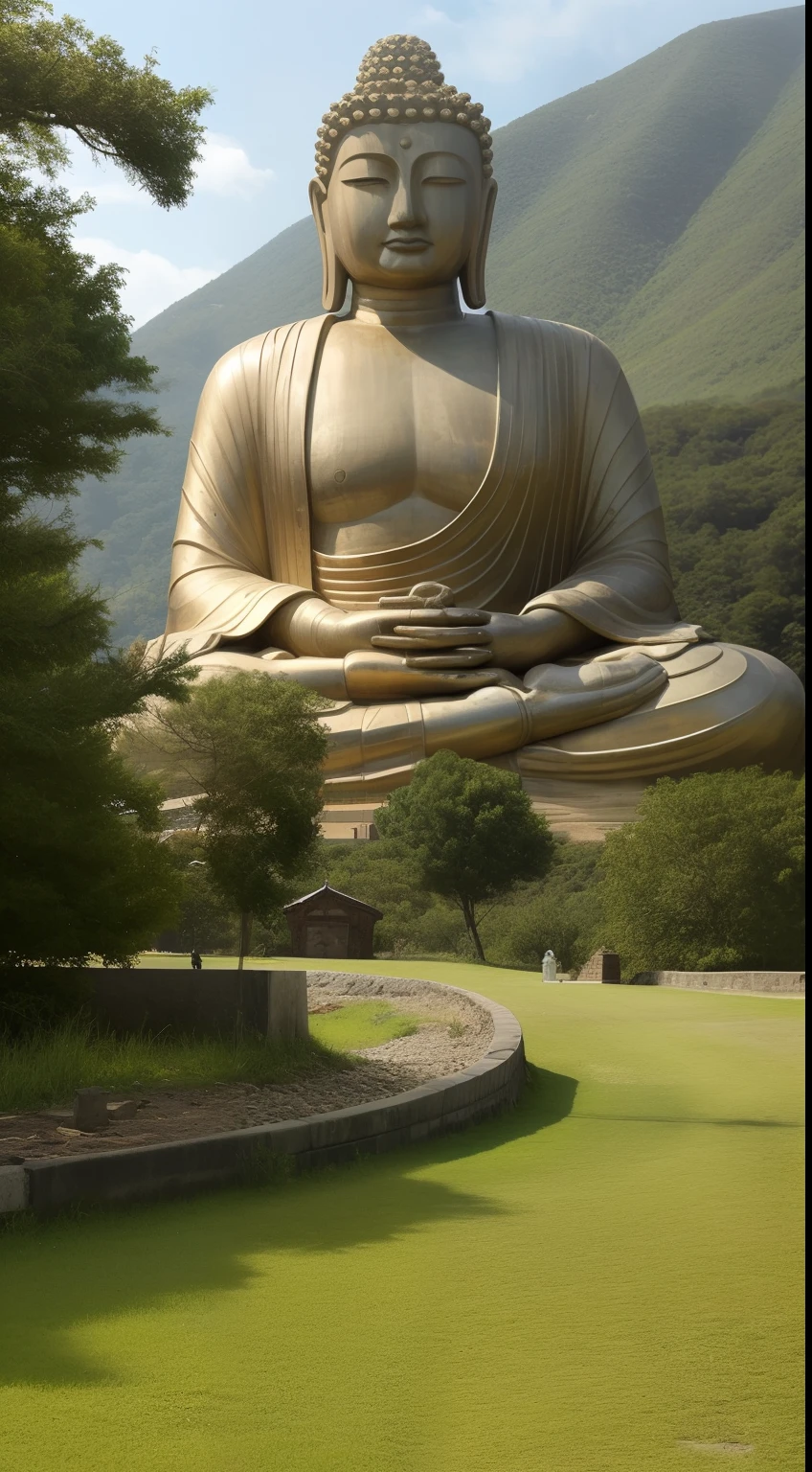 Masterpiece, Best quality, offcial art, 8K wallpaper, Very detailed, A giant tall Buddha statue in the distance,Pilgrims on the road