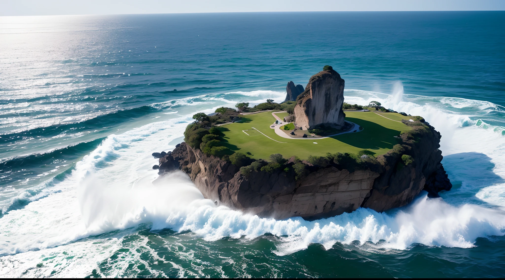 Image of a solid rock island in the middle of a raging ocean, representing the unshakable rock; Desert island, ciel noir et chaotique