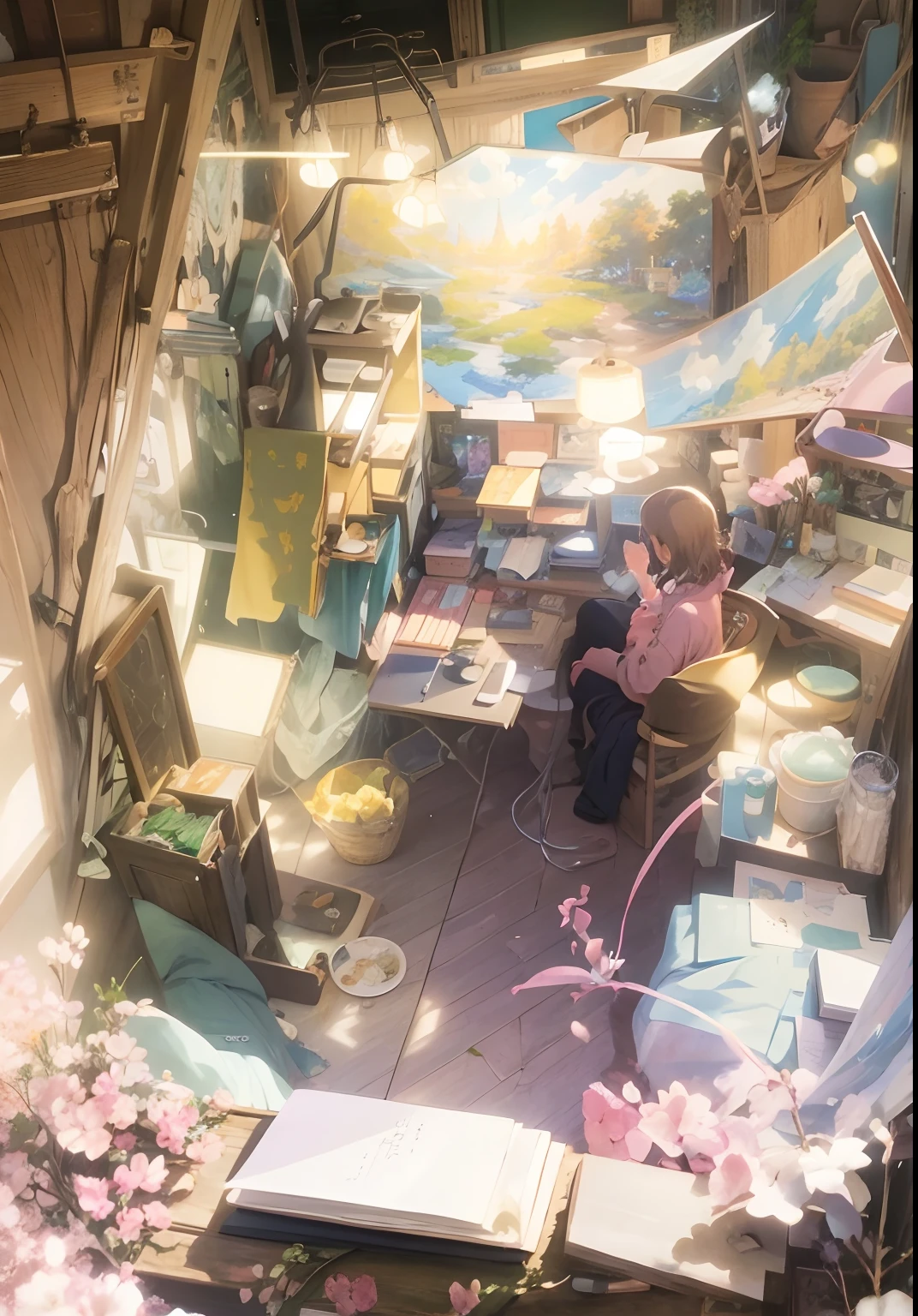 a secret hidden away place, where a young girl sits and paints her dreams in a keepsake notebook, anime art style, impressionist art style, 8k resolution , studio Ghibli, in the style of Louse Carrol, Katsuhiro Otomo