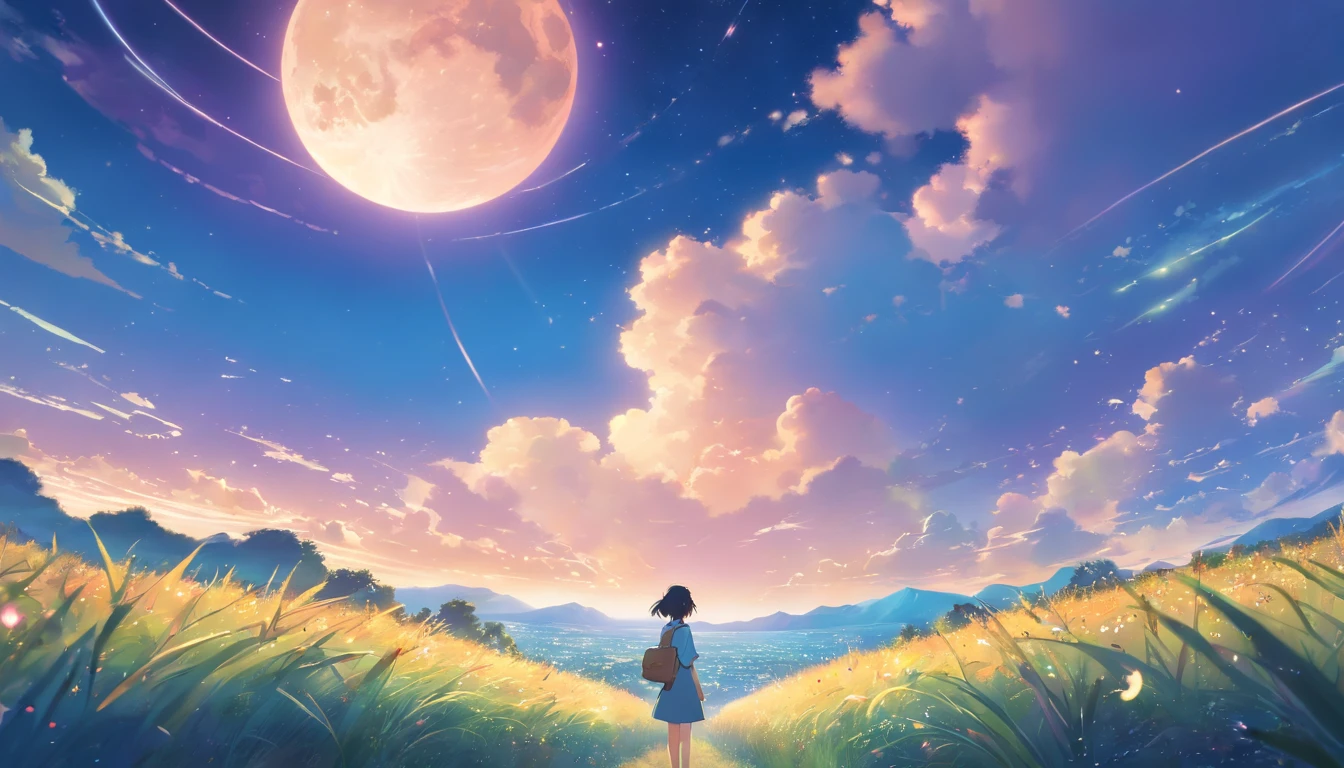 Makoto Shinkai, Expansive landscape photograph , (View from below，Displays the sky above and the clearing below), a girl standing on flower field looking up, (full moon:1.2), ( meteors:0.9), (Starcloud:1.3), Far Mountain, Tree BREAK Production Art, (Warm light source:1.2), (Firefly:1.2), lamp lights, lots of purples and oranges, Intricate details, Volumetric lighting BREAK (Masterpiece:1.2), (Best quality), 4K, Ultra-detailed, (Dynamic composition:1.4), Highly detailed, Colorful details,( Iridescent colors:1.2), (luminouslighting, Atmospheric lighting), Dreamy, magical, (Solo:1.2)