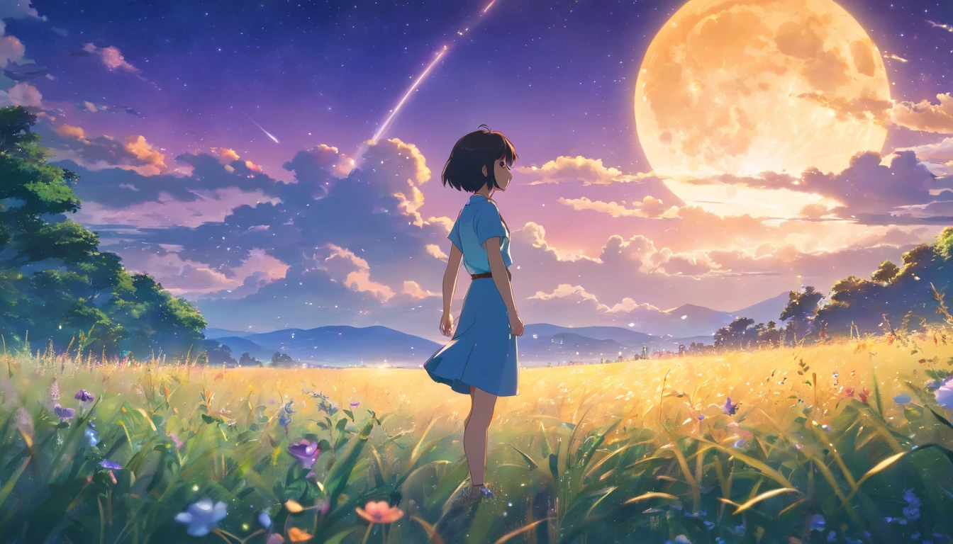 Makoto Shinkai, Expansive landscape photograph , (View from below,Displays the sky above and the clearing below), a girl standing on flower field looking up, (full moon:1.2), ( meteors:0.9), (Starcloud:1.3), Far Mountain, Tree BREAK Production Art, (Warm light source:1.2), (Firefly:1.2), lamp lights, lots of purples and oranges, Intricate details, Volumetric lighting BREAK (Masterpiece:1.2), (Best quality), 4K, Ultra-detailed, (Dynamic composition:1.4), Highly detailed, Colorful details,( Iridescent colors:1.2), (luminouslighting, Atmospheric lighting), Dreamy, magical, (Solo:1.2)