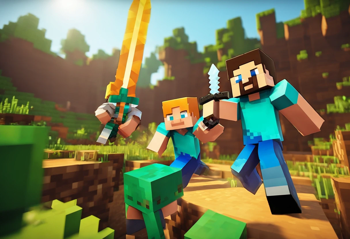 Steve is attacked by other players carrying swords in Minecraft Bedwars