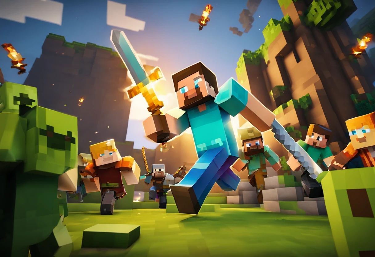 Steve is attacked by other players carrying swords in Minecraft Bedwars