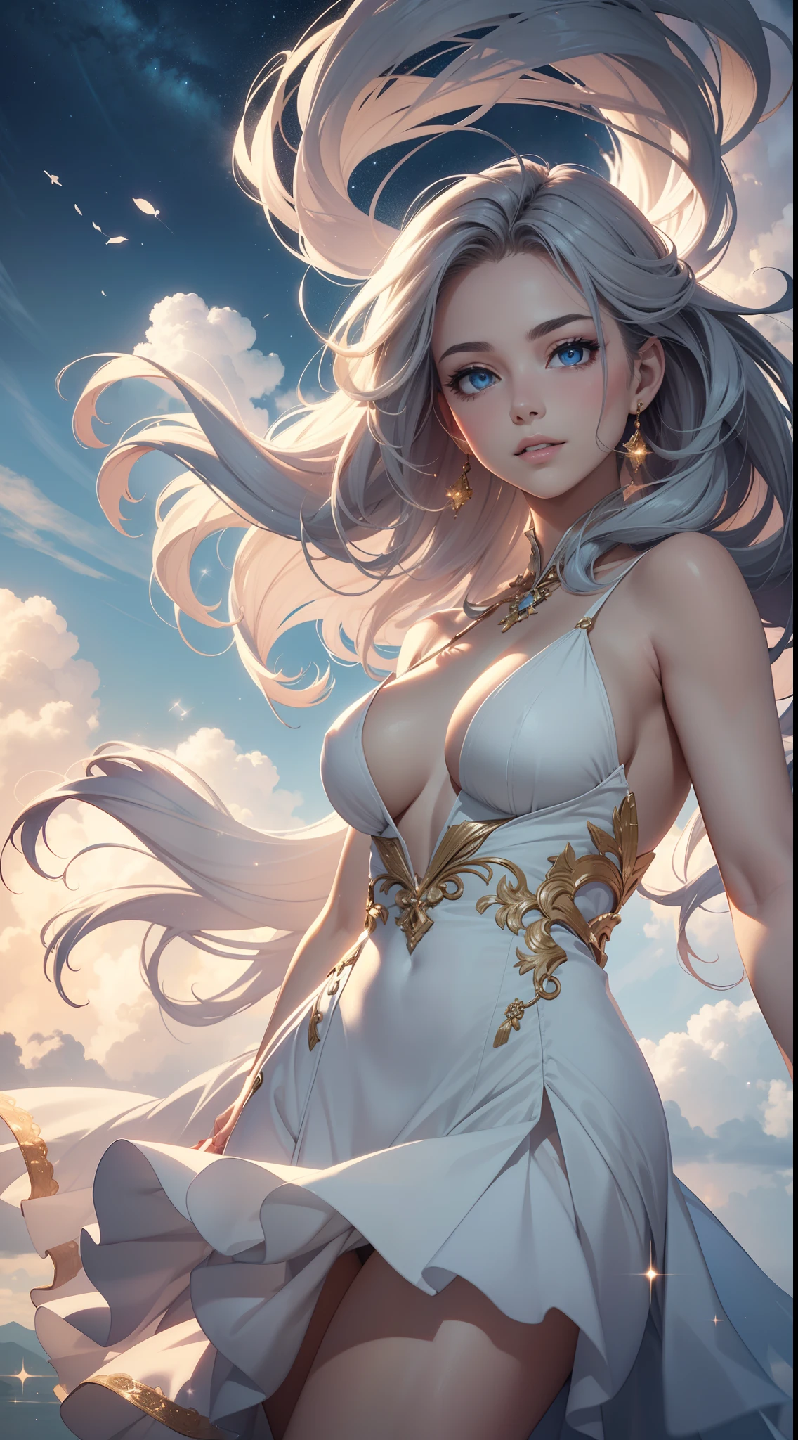 (best quality,4k,8k,highres,masterpiece:1.2),ultra-detailed,(realistic,photorealistic,photo-realistic:1.37),sexy lady of the clouds,blue sky,fantasy,dreamy atmosphere,ethereal view,sunlight streaming through clouds,gentle breeze,golden sunlight caressing her skin,glowing softness on her face,delicate facial features like a porcelain doll,mesmerizing eyes that sparkle like stars,full lips in a captivating smile,flowing hair floating in the wind,dress made of clouds with a hint of transparency,evoking a sense of mystery,graceful stance with arms reaching out,as if embracing the sky,feeling of weightlessness,peaceful and serene ambiance,cotton candy colors blending seamlessly,subtle pastel tones,sublime beauty,poetic and enchanting,transcending boundaries between reality and imagination.