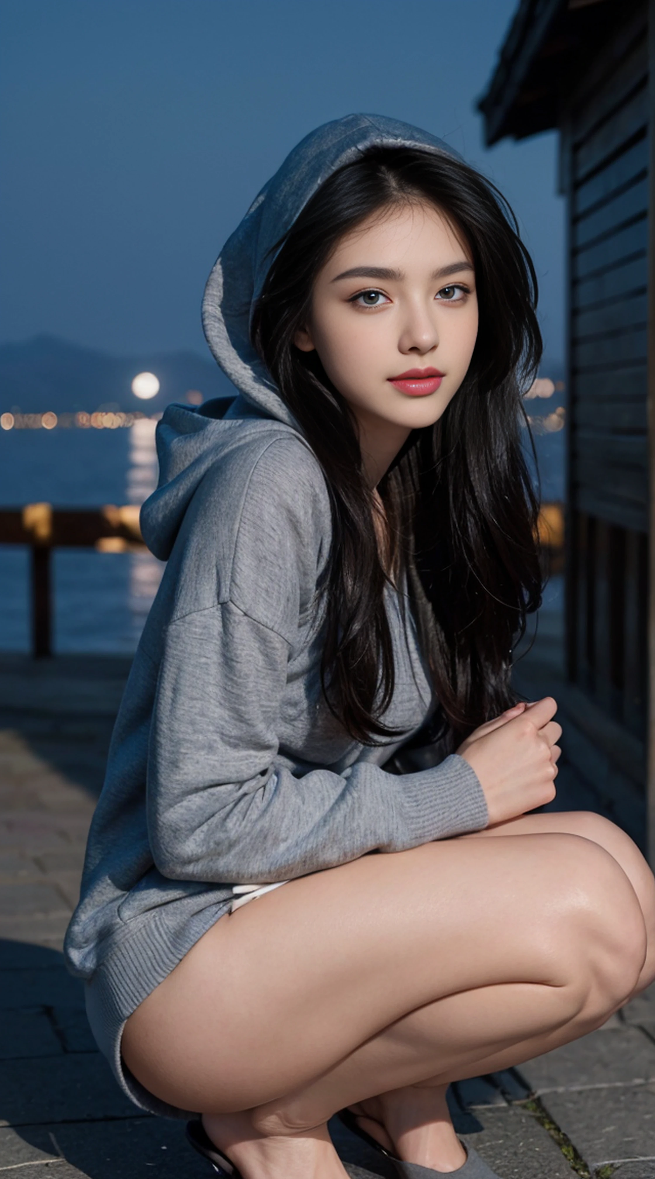 8K, Top Quality, Intricate Details, Ultra Detail, Ultra High Resolution, Masterpiece, random angle, Slender, Smile, (Makeup: 0.4), (Fluffy Blue Eyes: 1.21), blue Eyes, looking back, ((full body)), 1girl, solo, 1 girl, (( full body)), Extreme close-up shot, kneeling , ((tall)), (((fit body))), (((slim face))), sharp face, sharp eyes, (((black hair, long hair, )) (detailed face), sharp face, small lips,
((hoodie)), detailed face, detailed breast, , large breast, detail ass, round ass , Beautiful girl with accentuated slender abs: 1.4, Six Pack Abs: 1.4, Bust Botox, Big, Perfect Body, detail leg, (( moonlight)), top of mountain
