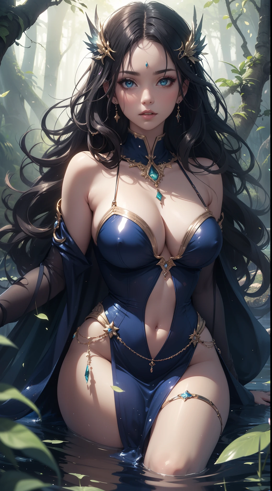 sexy lady of the lake,fantasy,beautiful detailed eyes,beautiful detailed lips,extremely detailed eyes and face,long eyelashes,flowing hair,wavy hair,green environment,lush landscape,misty atmosphere,breathtaking scenery,ethereal feel,enchanting aura,soft sunlight,shimmering water reflections,sheer elegance,magical setting,mythical creature,feminine charm,sultry gaze,mesmerizing beauty,dreamy,alluring,powerful presence,dramatic pose,deep cleavage,midnight blue dress,floating fabric,dynamic movement,reflection on water,breathtaking curves,subtle makeup,glowing skin,sparkling jewelry,romantic vibes,dark and mysterious,sublime atmosphere,glamorous,enchanted forest,lush vegetation,magic spells,floating petals,whimsical,artistic masterpiece:1.2,highres,ultra-detailed,photorealistic,vivid colors,hdr,studio lighting