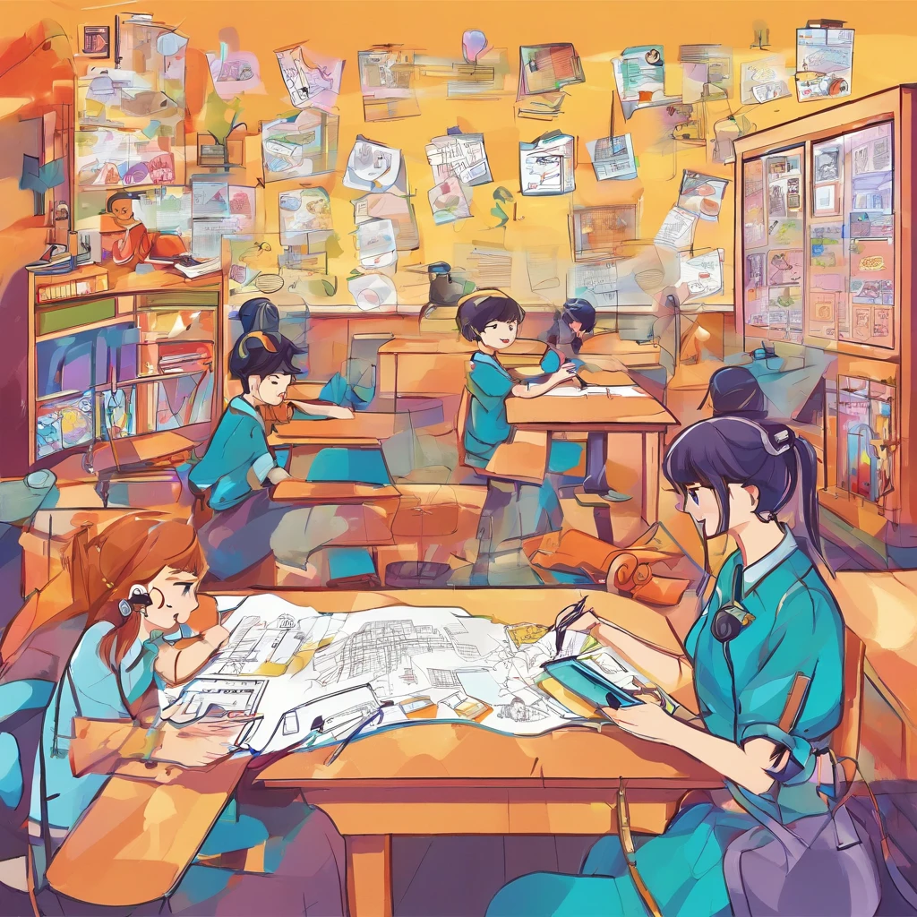Depict a bright classroom，Full of technology atmosphere。Students in the classroom can use VR glasses for virtual reality learning，They can explore a variety of scenarios and knowledge in an immersive way。ao mesmo tempo，There are also students drawing cartoon characters，Show their creativity and artistic talent。Teachers are teaching students how to take pictures with their cameras，Develop their photography skills。Still others draw with brushes，Express your thoughts and feelings。ao mesmo tempo，There are also students exploring the inside of the classroom，Discover new knowledge and discoveries。There are even students operating drones to measure，Demonstrate the application and innovation of technology。The entire illustration can be laid out vertically，to highlight the faces and expressions of the characters，It gives people a feeling of closeness and authenticity。This illustration is suitable for commercial use，Can be used for education-related advertising、promotional materials, etc，Show the technology and innovation of modern education。ao mesmo tempo，Well-portrayed character faces can also bring a better visual experience to the audience。