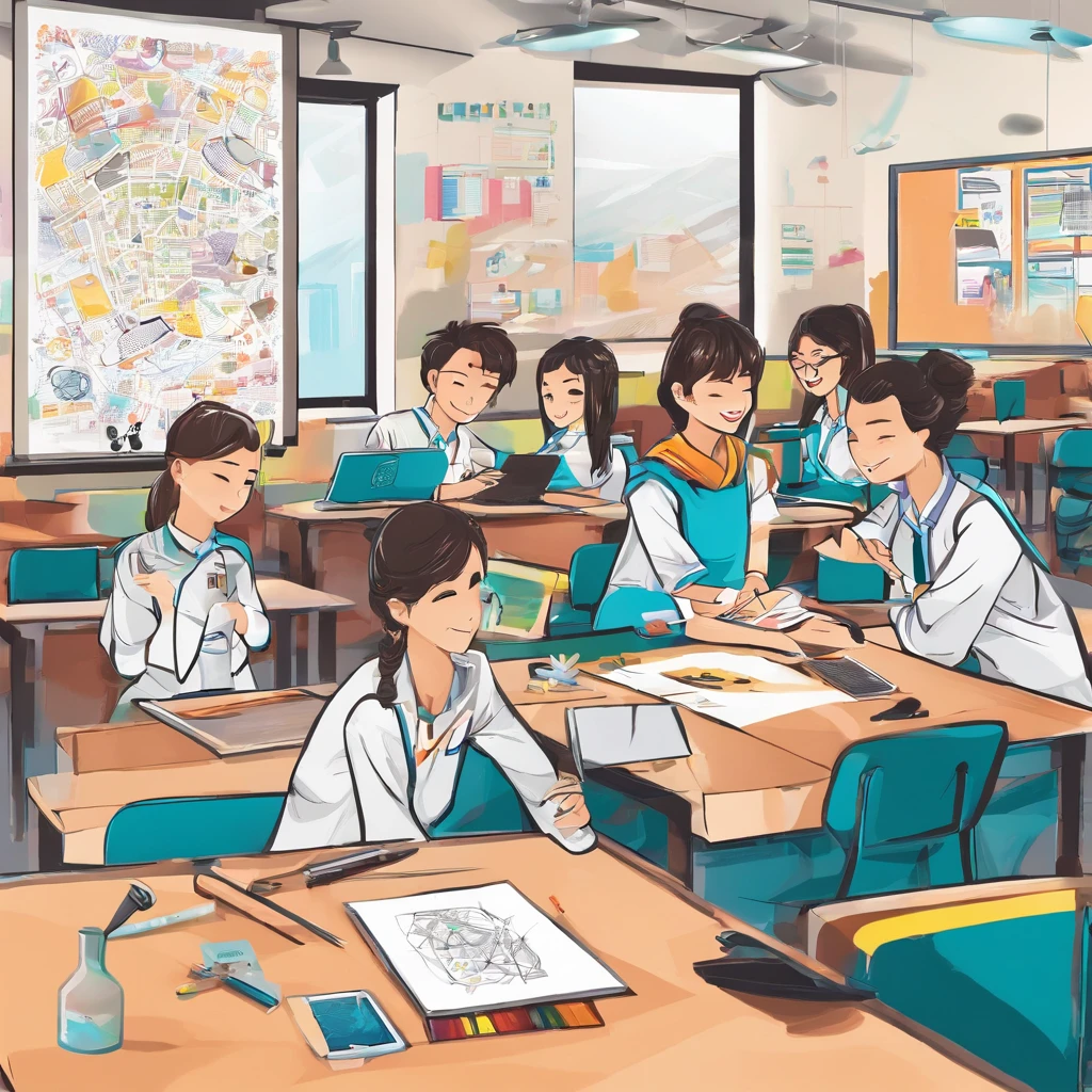 Depict a bright classroom，Full of technology atmosphere。Students in the classroom can use VR glasses for virtual reality learning，They can explore a variety of scenarios and knowledge in an immersive way。ao mesmo tempo，There are also students drawing cartoon characters，Show their creativity and artistic talent。Teachers are teaching students how to take pictures with their cameras，Develop their photography skills。Still others draw with brushes，Express your thoughts and feelings。ao mesmo tempo，There are also students exploring the inside of the classroom，Discover new knowledge and discoveries。There are even students operating drones to measure，Demonstrate the application and innovation of technology。The entire illustration can be laid out vertically，to highlight the faces and expressions of the characters，It gives people a feeling of closeness and authenticity。This illustration is suitable for commercial use，Can be used for education-related advertising、promotional materials, etc，Show the technology and innovation of modern education。ao mesmo tempo，Well-portrayed character faces can also bring a better visual experience to the audience。