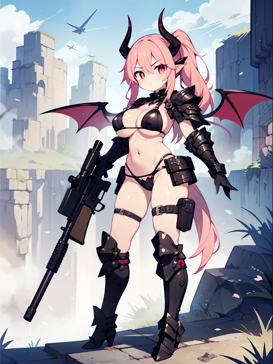 (1girl in:1.2), (Solo:1.2),(Lori:1.5) 、nffsw、Shaders、Brilliant Textured Work、Ultra-detailed eyes、ultra-intricate pupil in eyes、top-quality、Full body standing picture、Succubus Bikini Armor、Pink hair、length hair、Twin-tailed、long pony tail、large full breasts、round breast、Navel、Black Armor Boots、Succubus Wings、Succubus horns、Black Armor Gloves、Black armor shoulder rest、Armored Core、glaring、narrow her eyes、Sanpaku eyes、Sharp eyes、sullenness、on a cliff、Close to the sky、Purple aura、red eyes、Sniper rifle、rifle、sniper rifles、stylish pose、hold a gun、