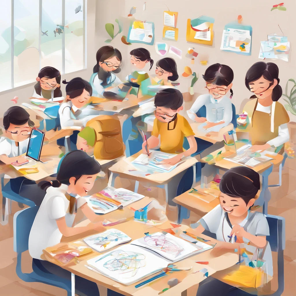 Depict a bright classroom，Full of technology atmosphere。Students in the classroom can use VR glasses for virtual reality learning，They can explore a variety of scenarios and knowledge in an immersive way。ao mesmo tempo，There are also students drawing cartoon characters，Show their creativity and artistic talent。Teachers are teaching students how to take pictures with their cameras，Develop their photography skills。Still others draw with brushes，Express your thoughts and feelings。ao mesmo tempo，There are also students exploring the inside of the classroom，Discover new knowledge and discoveries。There are even students operating drones to measure，Demonstrate the application and innovation of technology。The entire illustration can be laid out vertically，to highlight the faces and expressions of the characters，It gives people a feeling of closeness and authenticity。This illustration is suitable for commercial use，Can be used for education-related advertising、promotional materials, etc，Show the technology and innovation of modern education。ao mesmo tempo，Well-portrayed character faces can also bring a better visual experience to the audience。