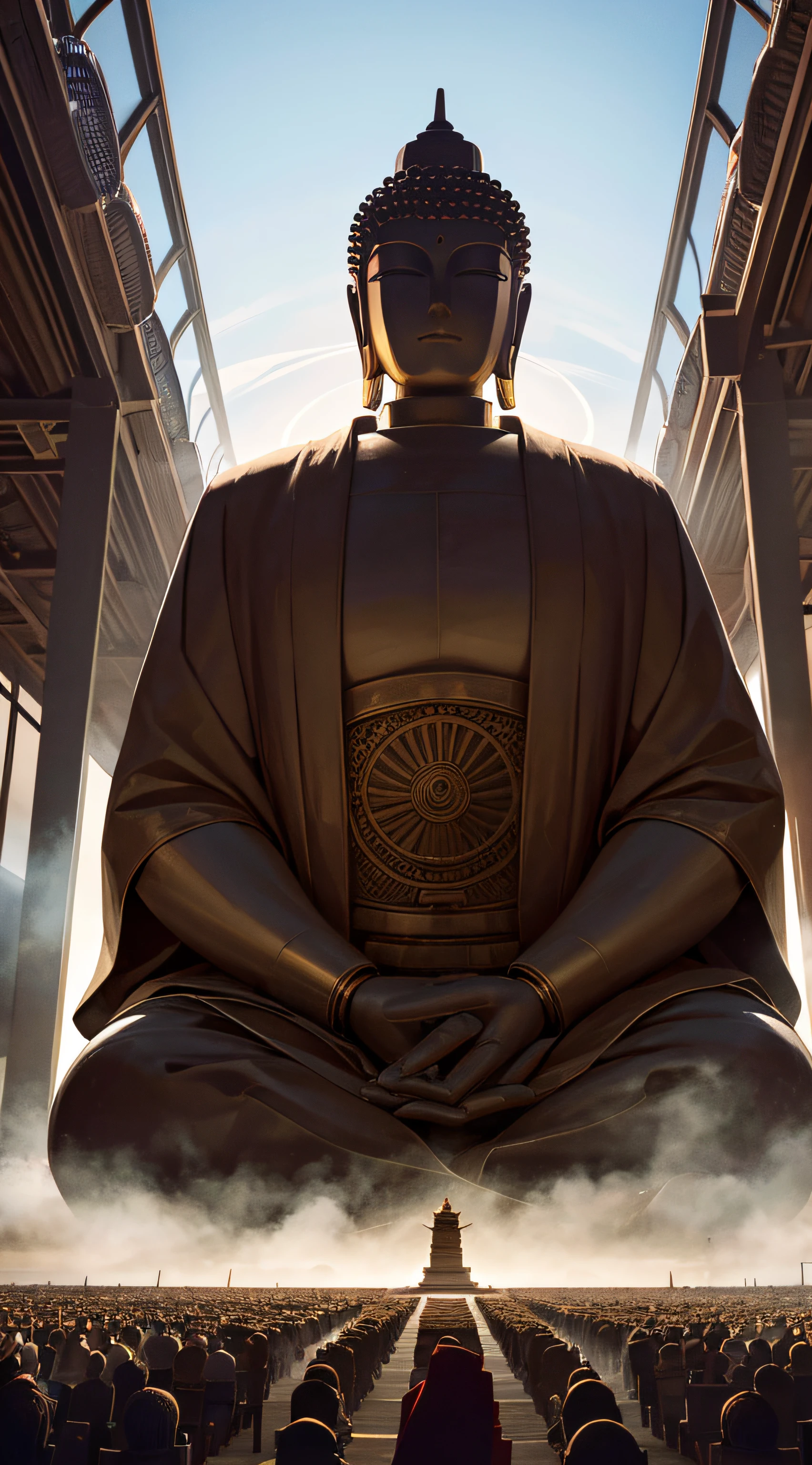 In the distance is a huge tall mechanical Buddha statue, Pilgrims kneel to worship, Faraway view, Cinematic lighting, god light, Atmospheric perspective, Sony FE GM, A high resolution, Best quality, 16k