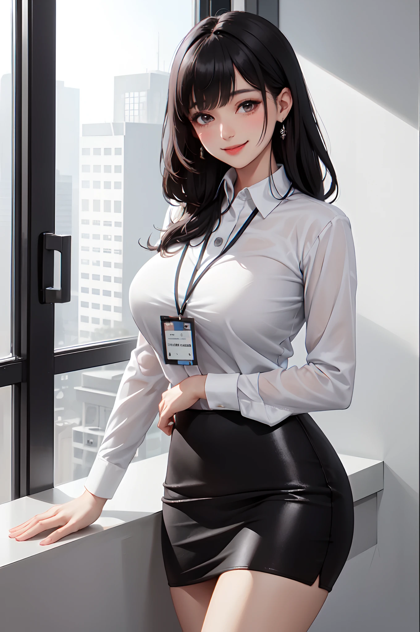 /(modern office indoors/), 1lady solo, /(casual shirt pencil skirt/) id card, /(black hair/) bangs, blush kind smile, (masterpiece best quality:1.2) ultra-detailed, large breasts