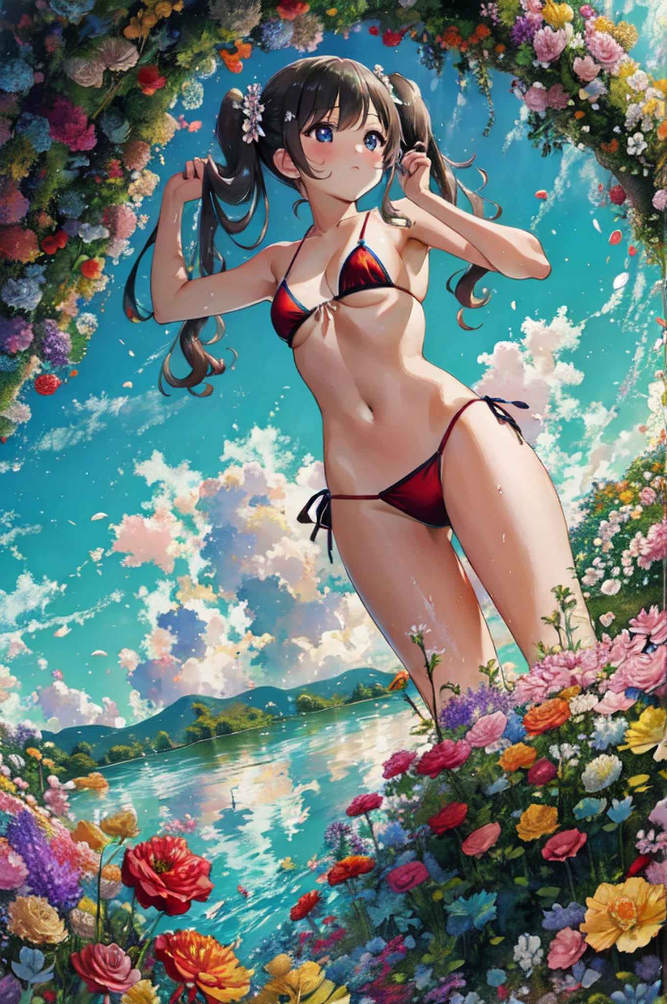 (8k, top-quality, ​masterpiece:1.2, nsfw, Wide-angle field of view,Maximum amount of information),Cutest,Cute girl,mesugaki,Lots of flowers, Beautiful face,Beautiful eyes,Beautiful hair, lake, bathing in water,Super long hair,holding twintails, Facial expressions of love, see through micro bikini,from below,