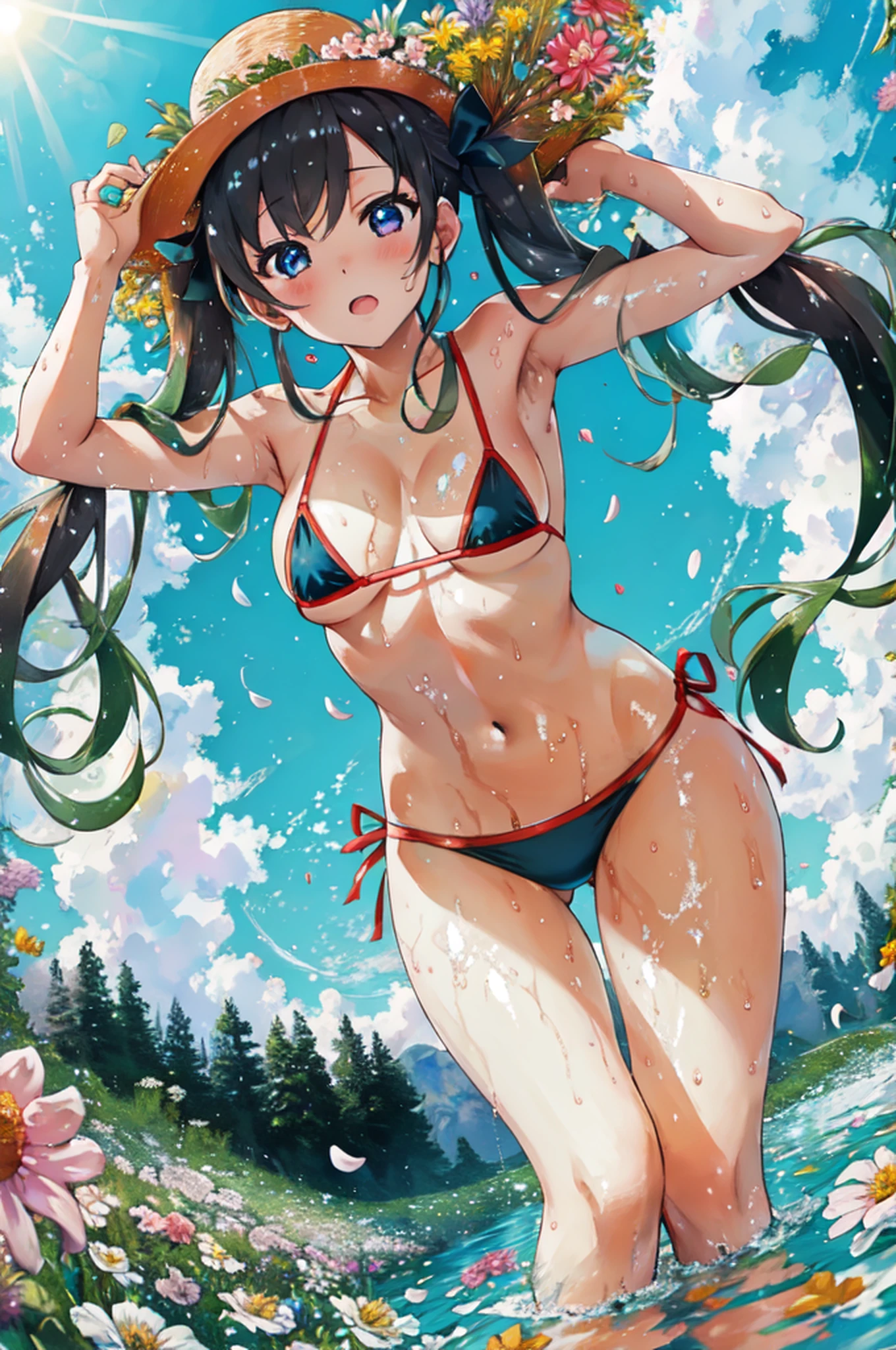 (8k, top-quality, masterpiece:1.2, nsfw, Wide-angle field of view,Maximum amount of information),Cutest,Cute girl,mesugaki,Lots of flowers, Beautiful face,Beautiful eyes,Beautiful hair, lake, bathing in water,Super long hair,holding twintails, Facial expressions of love, see through micro bikini,from below,