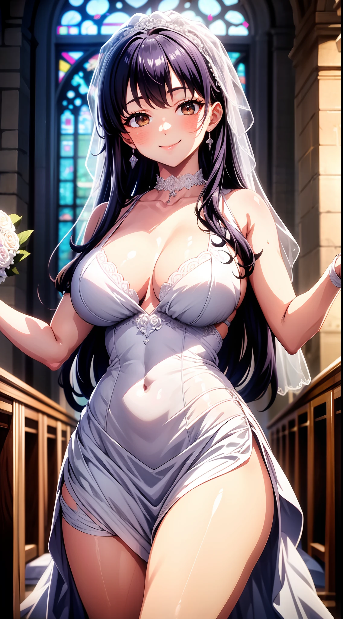 8k, highres, ultra detailed, (masterpiece:1.4), best quality, symmetrical body, (sexy while wedding dress:1.4), choker, fringetail, holding flowers, cute, solo, earrings, long hair, dark purple hair, Brown eyes, glow effect, finely eye, grinning, wide smile, detailed face, looking at viewer, smilling at viewer, in the church, angled view, medium size breasts, teasing