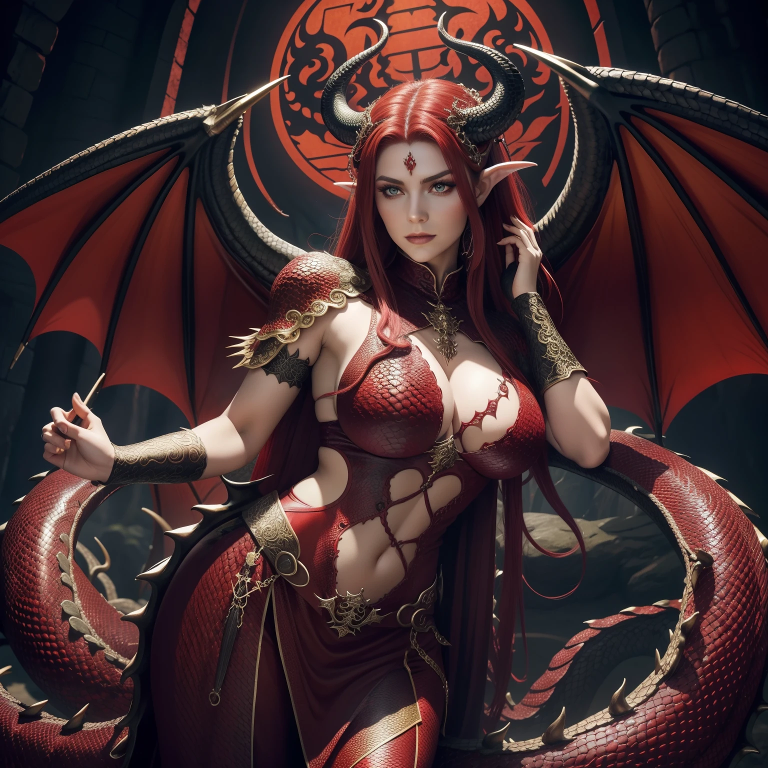 Sie ist eine Drachenfrau, 28 Jahre alt, lange Rote Haare, long coiled horns on the head, she has dragon scales on her body, (Red dragon scales cover the body), it has outstretched dragon wings, hohe Details, Drachenschwanz,