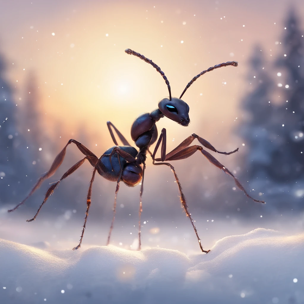 an ant standing on the snowy land is trying to touch the snowflake dropping from the air