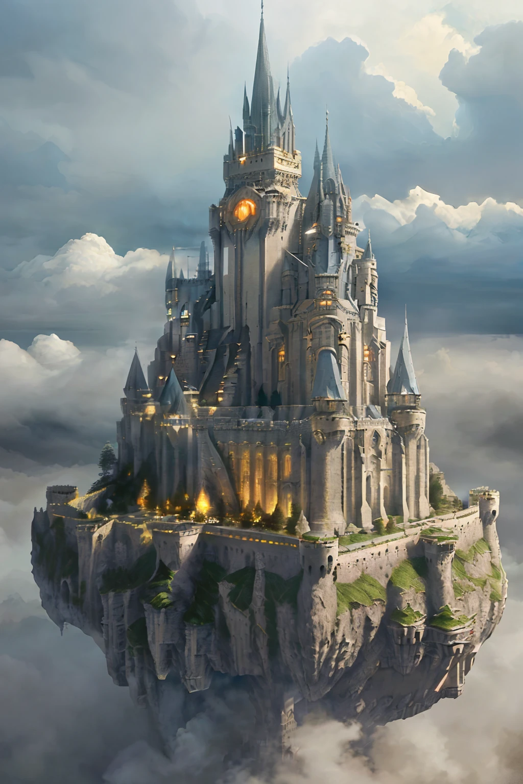 aerial view, colossal castle on a mountaintop in the clouds with many towers and spires and stacked terraces, minas tirith, highly detailed, high resolution, dramatic lighting, detailed acrylic, intricate complexity, soft natural volumetric cinematic perfect light, oil painting