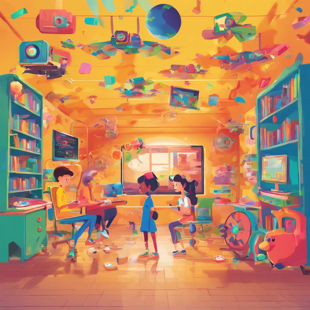 Depict a bright classroom,Full of technology atmosphere。Students in the classroom can use VR glasses for virtual reality learning,They can explore a variety of scenarios and knowledge in an immersive way。ao mesmo tempo,There are also students drawing cartoon characters,Show their creativity and artistic talent。Teachers are teaching students how to take pictures with their cameras,Develop their photography skills。Still others draw with brushes,Express your thoughts and feelings。ao mesmo tempo,There are also students exploring the inside of the classroom,Discover new knowledge and discoveries。There are even students operating drones to measure,Demonstrate the application and innovation of technology。The entire illustration can be laid out vertically,to highlight the faces and expressions of the characters,This illustration is suitable for commercial use,Can be used for education-related advertising、promotional materials, etc,Show the technology and innovation of modern education。